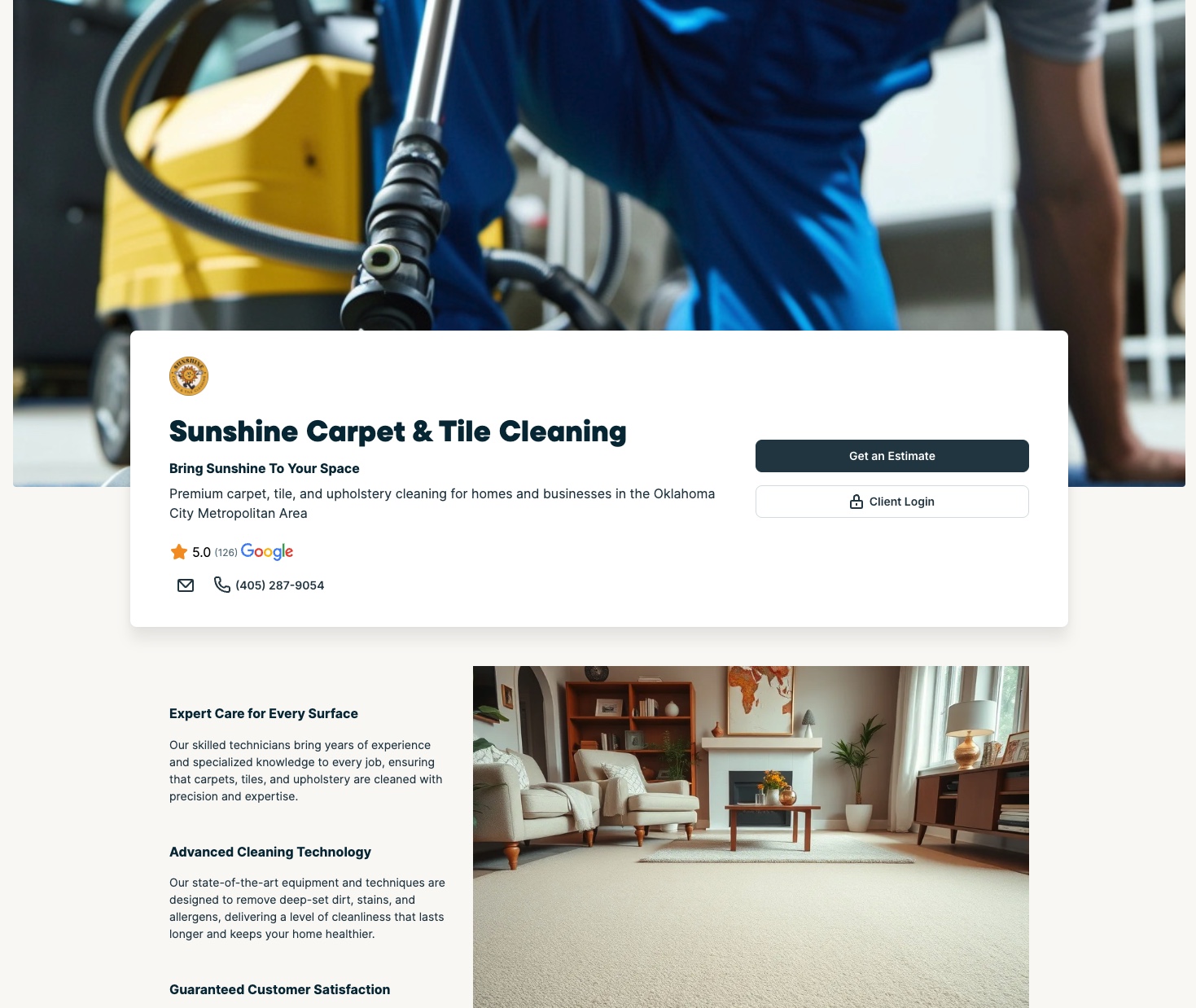 image of Sunshine Carpet & Tile Cleaning's website made with Jobber